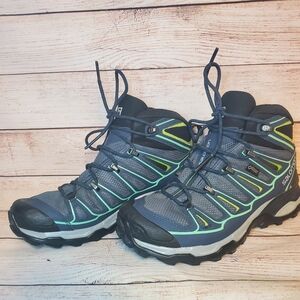 Salomon Womens 6.5 X Ultra Mid 2 GTX Denim Blue/Green Hiking Boots